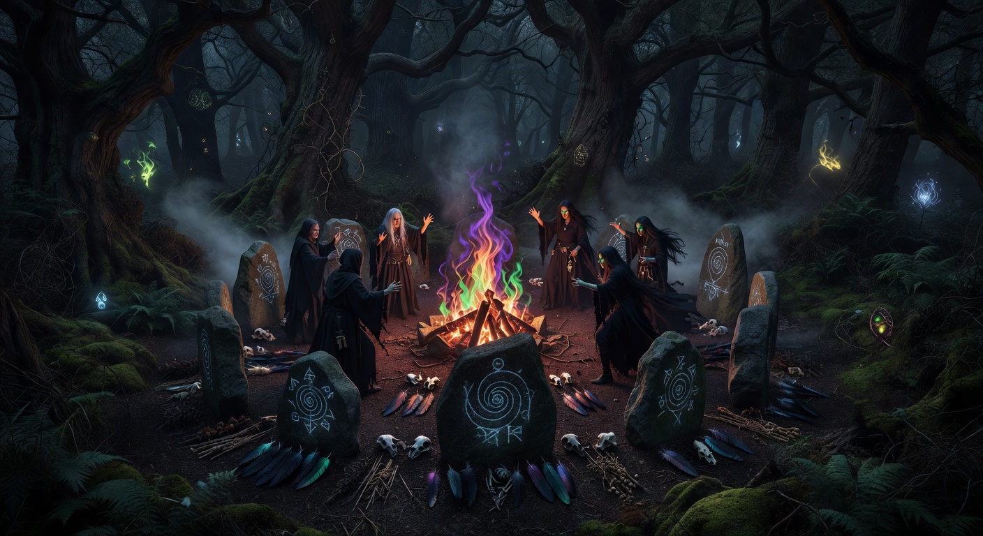 Dark magical forest witch ritual site