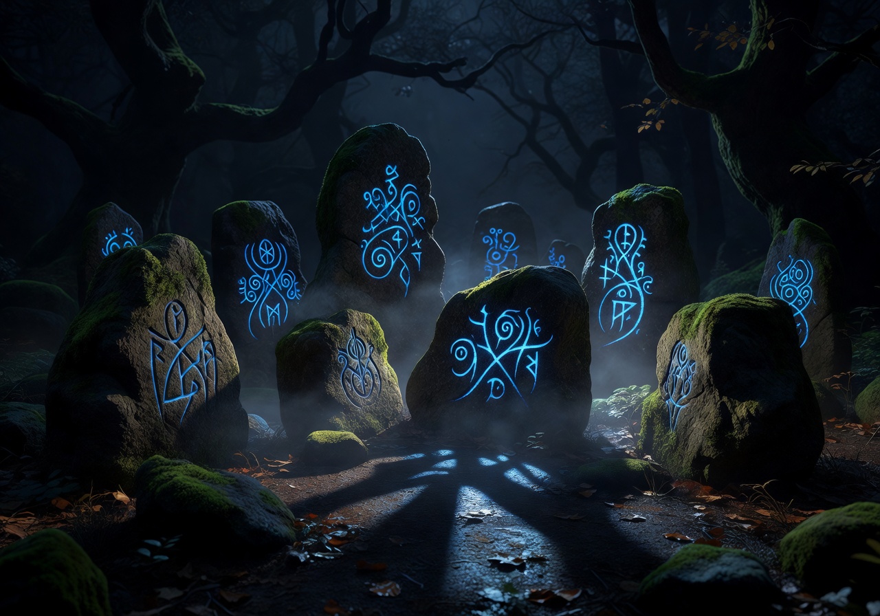 Glowing runic stones in dark setting